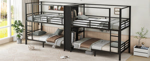 English Elm Twin Quadruple Metal Bunk Bed with Central Closet, Shelves & Wardrobe for Space-Saving Dormitory Living Black W1580S00154