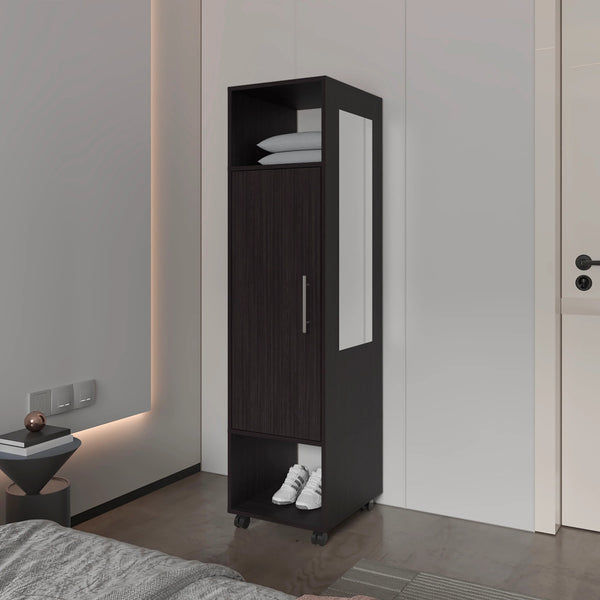 English Elm Wenge 1-Door Wardrobe with Mirror and Open Shelves, Melamine Closet for Stylish Organized Bedrooms B062P227645