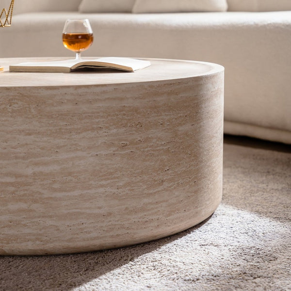 English Elm 31.5'' Round Drum Coffee Table with Amber Mars Texture for Modern Living Rooms W3081P394278