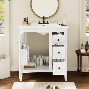 English Elm 30 Inch Bathroom Vanity with Ceramic Sink and 3 Smooth-Glide Drawers, Modern Moisture-Resistant Storage White N710P252105K