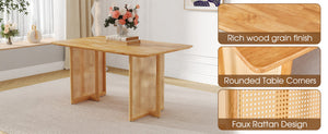 English Elm Table and Chair Set Rubberwood Dining with Rattan Legs Six Cushioned Fabric Seats W1151S03054
