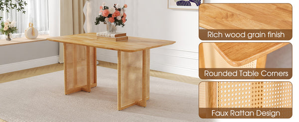 English Elm Table and Chair Set Rubberwood Dining with Rattan Legs Six Cushioned Fabric Seats W1151S03054
