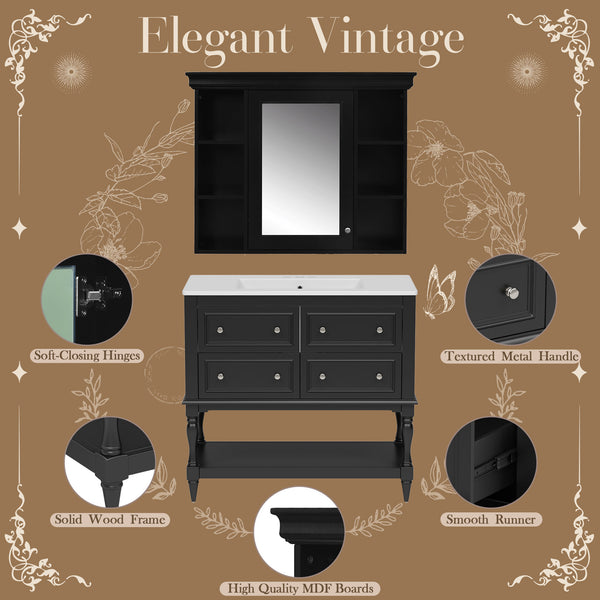 English Elm 36'' Modern Bathroom Vanity with Ceramic Sink and Medicine Cabinet, Solid Wood Frame, 4 Drawers, Waterproof Finish Black SW000138AAB-1