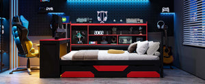 English Elm Full Size Gaming Bed Frame with Desk Led Lights Storage Drawers and Charging Station Black+Red LP000289AAJ