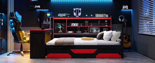 English Elm Full Size Gaming Bed Frame with Desk Led Lights Storage Drawers and Charging Station Black+Red LP000289AAJ