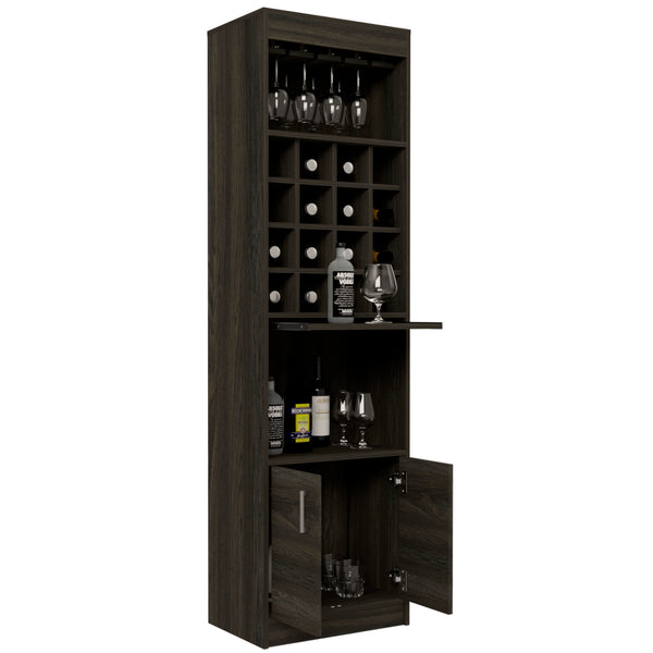 English Elm Illinois Bar Cabinet with 16 Bottle Cubbies, Glass Rack for 8, Cabinet & Open Shelf — Stylish, Ergonomic Storage B128S00031