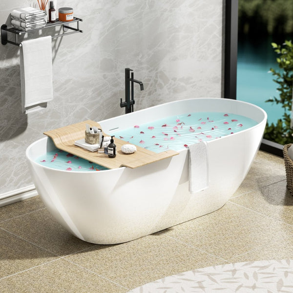 English Elm 63" Oval Freestanding Soaking Tub Solid Surface Resin Spa Bathtub Glossy White W1920P389662