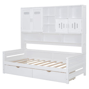 English Elm Twin Size Wooden Daybed With Storage Drawers, Cabinet & Shelf – Stylish Space-Saving Solution! N820S00015K-GIGA