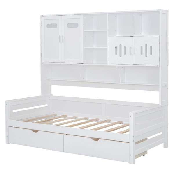 English Elm Twin Size Wooden Daybed With Storage Drawers, Cabinet & Shelf – Stylish Space-Saving Solution! N820S00015K-GIGA