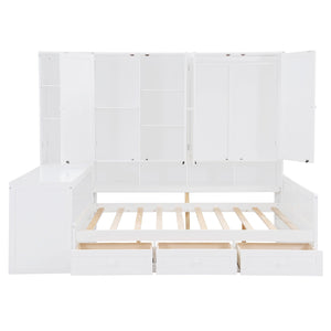 English Elm Full Size Wooden Daybed With Versatile Workspace, Three Storage Drawers, And Adjustable Shelves N820S00055K