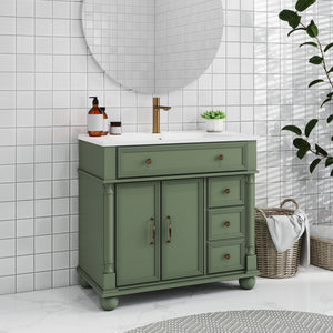 English Elm 35.6" Freestanding Bathroom Vanity with Roman Column Base and Ceramic Integrated Sink W1801S00008