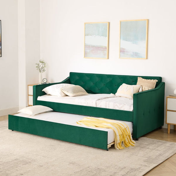 English Elm Twin Linen Tufted Daybed with Pop up Trundle and Usb Port for Guest Rooms Green W1413S00130