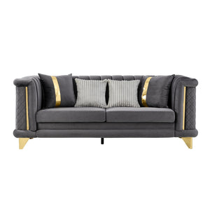 English Elm 89 Inch Gray Velvet Tufted Sofa Gold Steel Trim Victorian Mid-century Living Room W1191S00103
