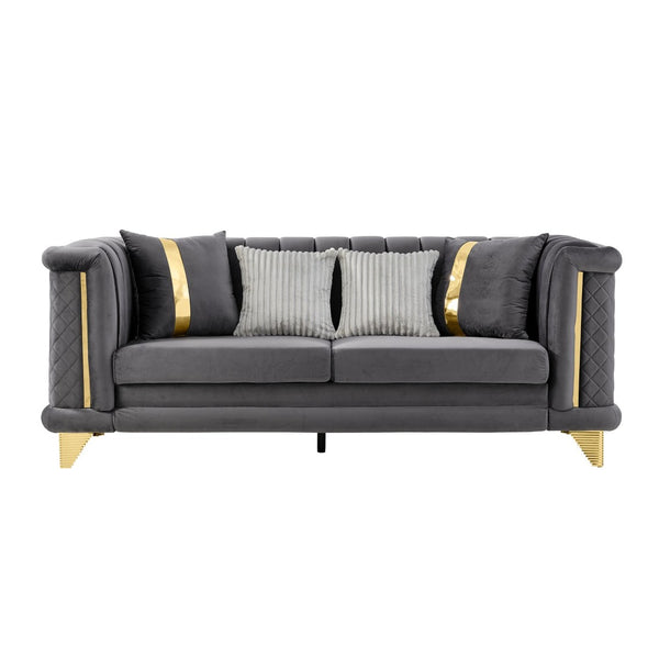 English Elm 89 Inch Gray Velvet Tufted Sofa Gold Steel Trim Victorian Mid-century Living Room W1191S00103