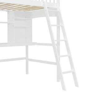 English Elm Twin Loft Bed with Built-in Desk Corner Shelves and Ladder Solid Pine White Frame LT100140KAA