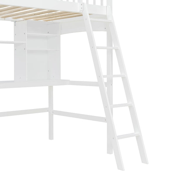English Elm Twin Loft Bed with Built-in Desk Corner Shelves and Ladder Solid Pine White Frame LT100140KAA