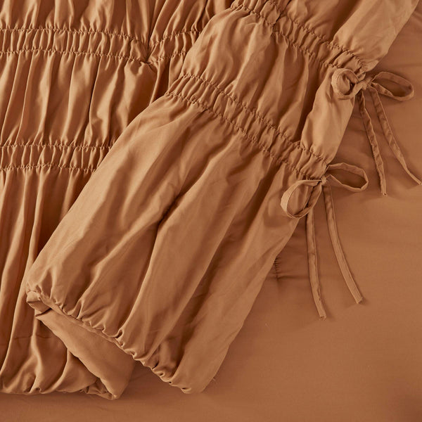 JLA Home 510 Design - Comforter Ruched French Country Charm with Bow-Tie Accents, Brushed Microfiber, OEKO-TEX Certified Cozy Brown 5DS10-0313