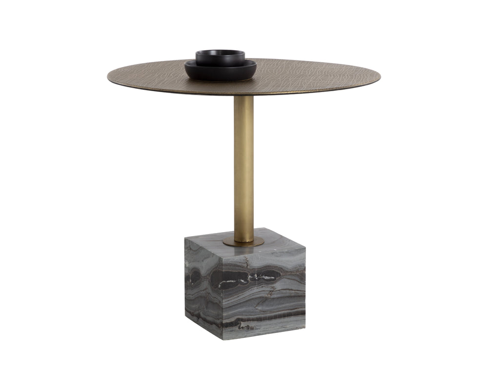 Sunpan Kata 32" Bistro Table - Elegant Brass Frame with Unique Mesh Top and Luxurious Marble Base Design Grey Marble