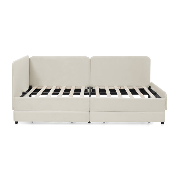 English Elm Twin Velvet Upholstered Platform Bed with 2 Underbed Storage Drawers, Convertible Sofa, Beige Twin W1413P298909