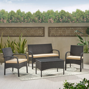 English Elm Christopher Knight Home® - CORDOBA PE Rattan 4-Pc Wicker Chat Set with Cushions, Iron Legs & Waterproof Fabric Comfort Brown+Tan 57458.00