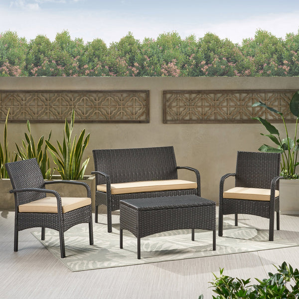 English Elm Christopher Knight Home® - CORDOBA PE Rattan 4-Pc Wicker Chat Set with Cushions, Iron Legs & Waterproof Fabric Comfort Brown+Tan 57458.00