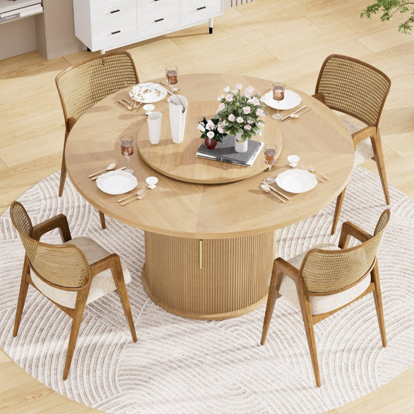 English Elm 55-inch Round Wood Dining Table Seats Six with Turntable Tray and Tiered Storage W1162P357242