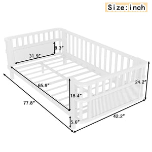 English Elm Twin Pine House Frame Floor Bed with Peaked Roof and Fence Guardrails for Kids White W1858P389993