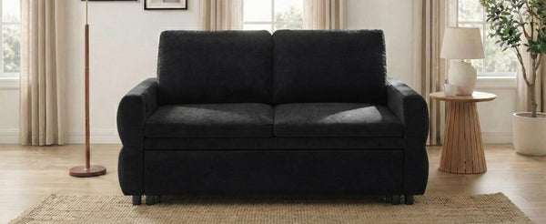 English Elm Convertible Chenille Sleeper Loveseat with Usb Ports and Reclining Backrest for Small Spaces Black N719P390439B