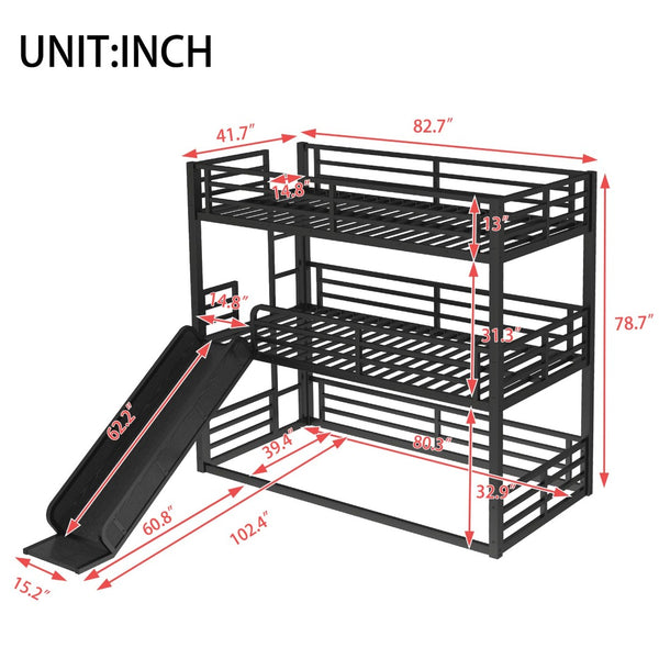 English Elm Twin Xl Metal Triple Bunk Bed With Slide, Heavy-Duty Design, Safety Guardrails, Space-Saving Solution W1580S00170-GIGA