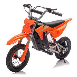 English Elm 24v 250w Kids Off-road Electric Motorcycle with Led Lights Bluetooth and Rear Suspension Orange W1578P203982