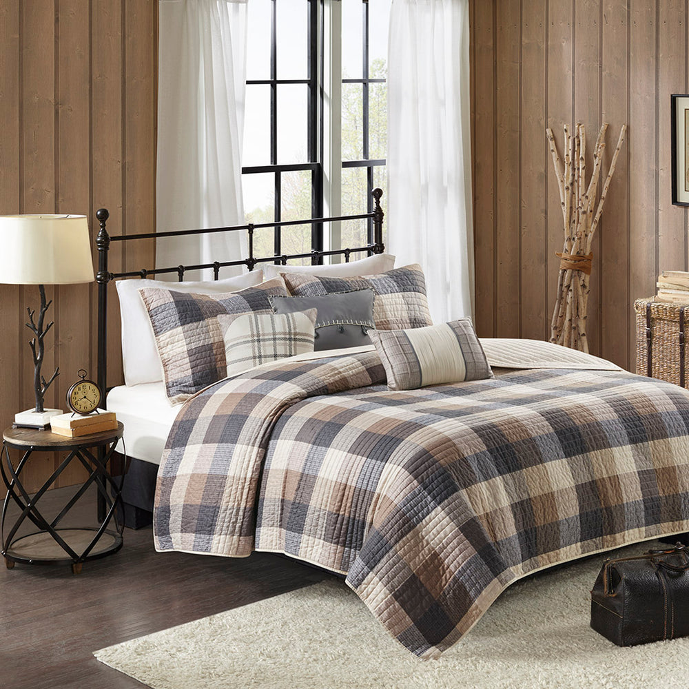JLA Home Madison Park - 6 Piece Printed Herringbone Quilt Set with Buffalo Plaid Reversible Design and Embroidered Pillows Neutral MP13-7217