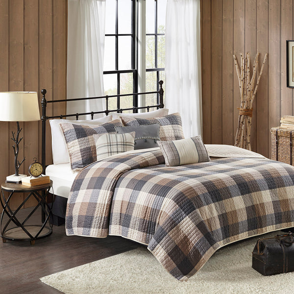 JLA Home Madison Park - 6 Piece Printed Herringbone Quilt Set with Reversible Buffalo Plaid, Hand-Stitched Pillows for Cabin Charm Neutral MP13-7218