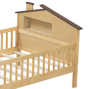 English Elm Twin House-Shaped Platform Bed with Built-In Storage, LED Accent Lighting and Rustic Pine Charm (95) Natural N709P184429M