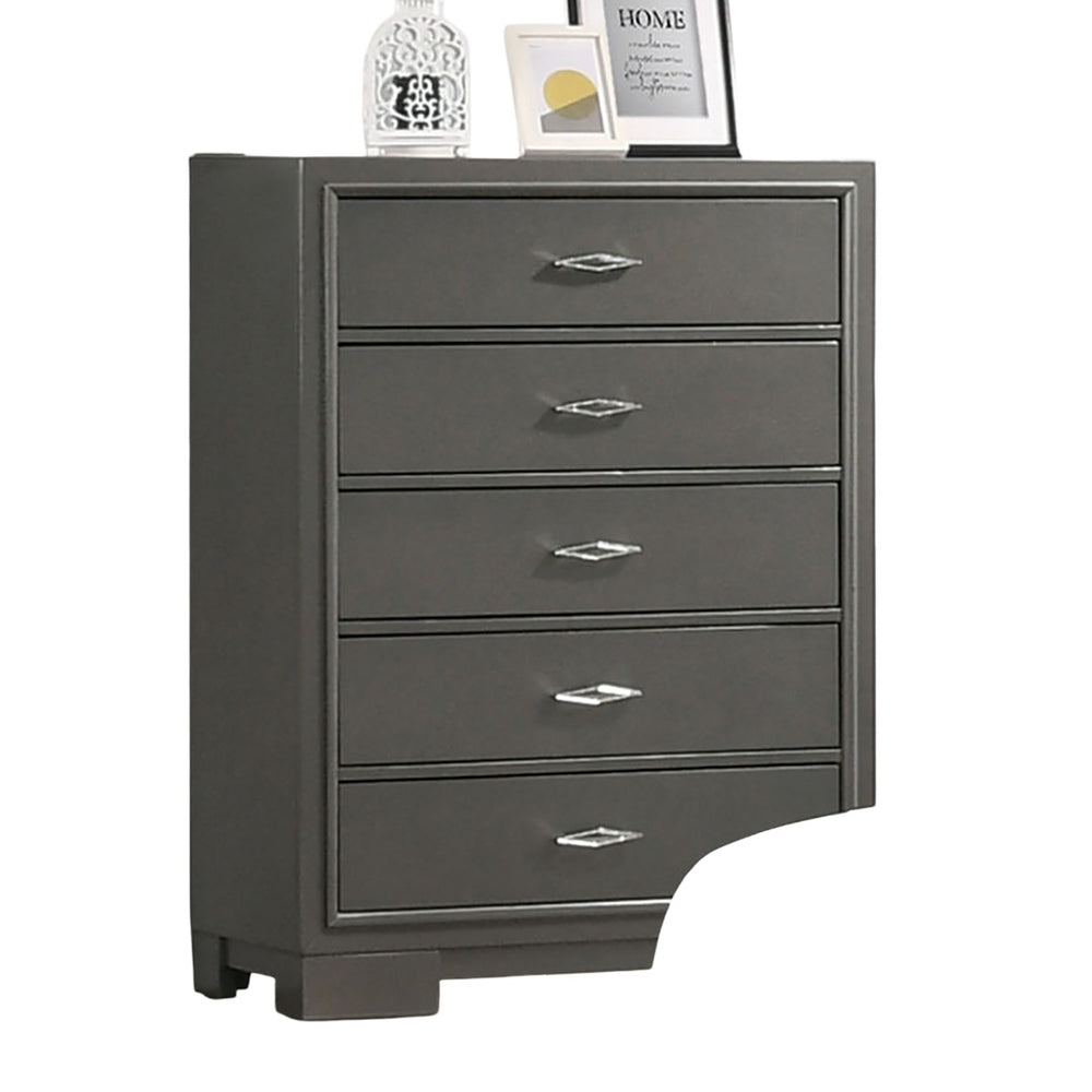 English Elm 1pc Chest with Five Drawers in Soft Gray Sheen, Acrylic Pulls, Sleek Contemporary Storage Tower Metallic Grey 36 L x 19 W x 50 H B2741P368963