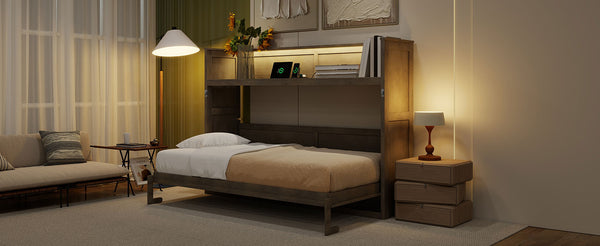 English Elm Twin XL Murphy Bed with Desk, LED Lighting and USB Charging Station — Space-Saving Solid Pine Design Gray Wash N7090005001N