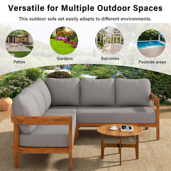English Elm U_style Acacia Wood Outdoor L Shaped Corner Sofa Set with Arc Frame and Cushions Grey WY000481AAE