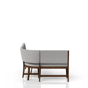 English Elm Curved Beige Mid-Century Dining Bench with Upholstered Seat & Back, Reversible Long Side, Wood Finish B2699S00001