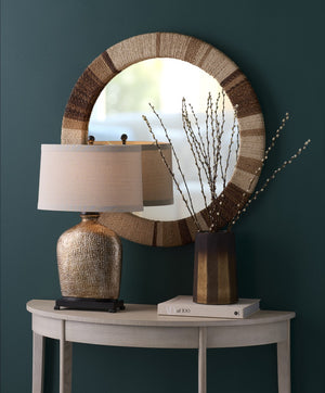 Wildwood Bradford Handcrafted Ceramic Lamp With Golden-Bronze Glaze, Tan Linen Shade, Rustic Elegance (98) 46636