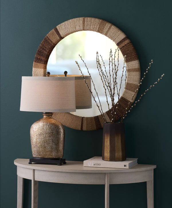 Wildwood Bradford Handcrafted Ceramic Lamp With Golden-Bronze Glaze, Tan Linen Shade, Rustic Elegance (98) 46636