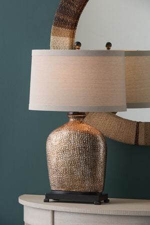 Wildwood Bradford Handcrafted Ceramic Lamp With Golden-Bronze Glaze, Tan Linen Shade, Rustic Elegance (98) 46636