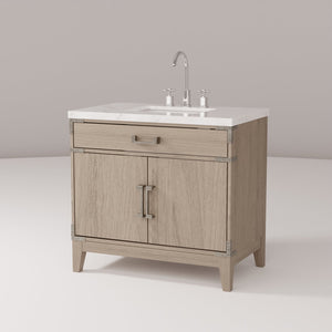 English Elm Grey Oak Single-Sink Vanity With Hand-Finished Carrara Marble Top & Polished Chrome Faucet Set B2731P259797