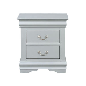 English Elm Wooden Two-Drawer Nightstand with Grooved Panels and Washed Finish — Transitional Bedroom Focal Point Silver grey B016P256195