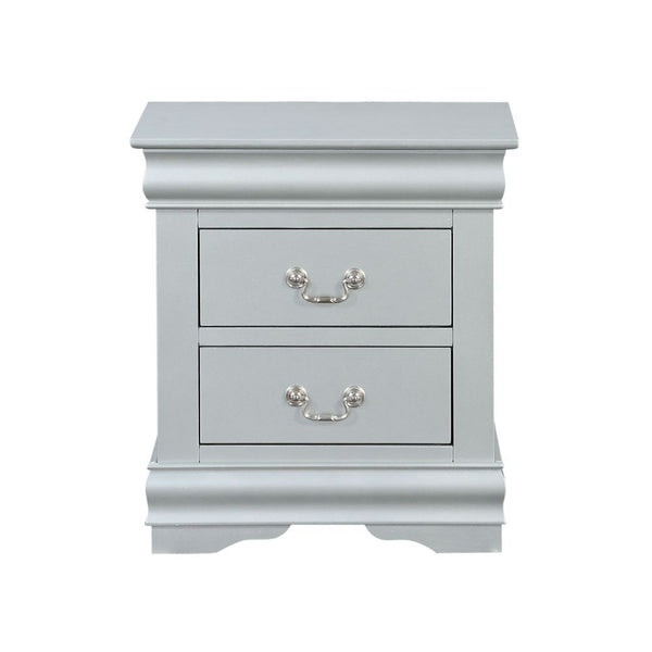 English Elm Wooden Two-Drawer Nightstand with Grooved Panels and Washed Finish — Transitional Bedroom Focal Point Silver grey B016P256195