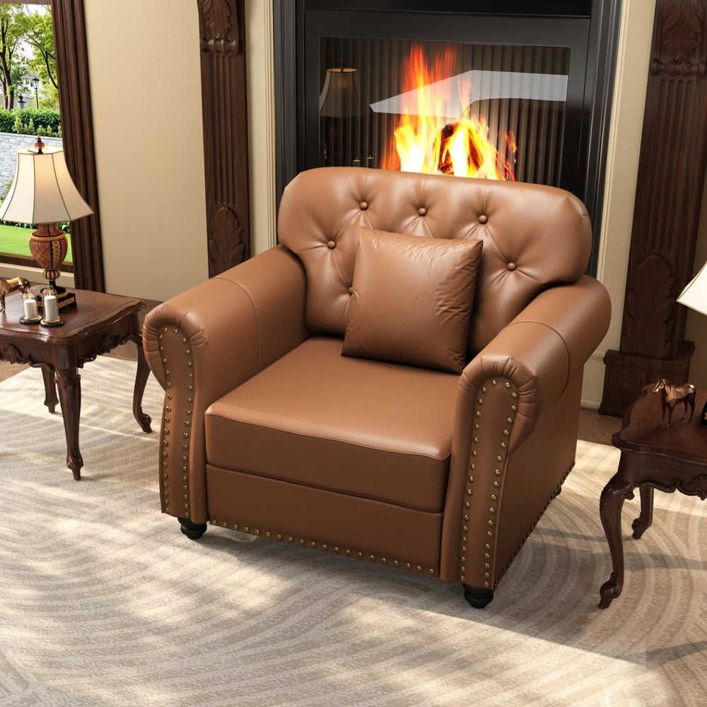 English Elm 41.3"upholstered Faux Leather Chair with Tufting Nailhead Trim Mid-century Style Brown W1885P469595