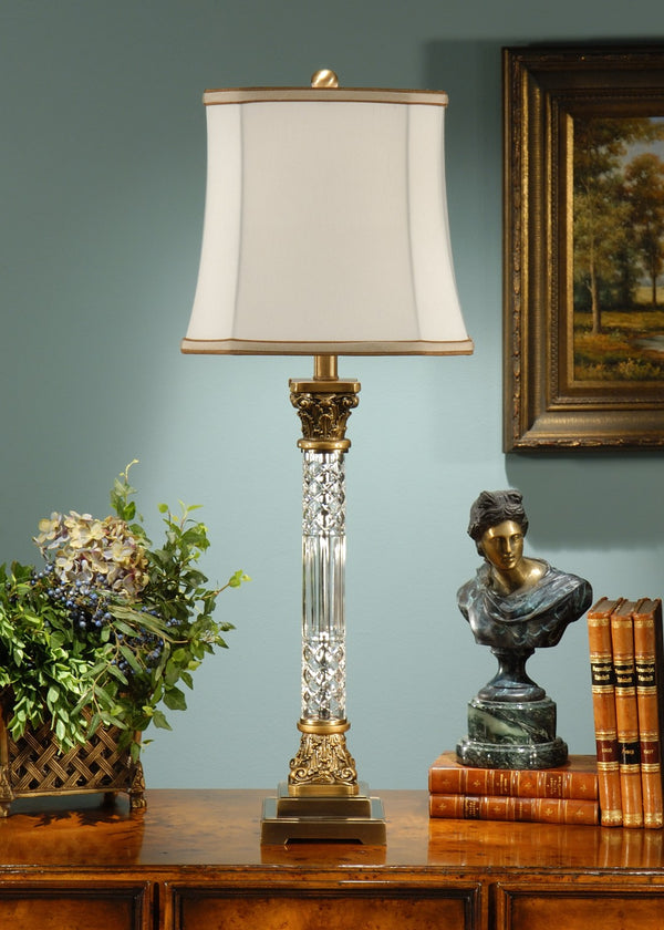 Wildwood Crystal Column Lamp With Cut-Glass Pilaster, Antiqued Brass Accents & Square Eggshell Shade For Luxe Ambiance 46655