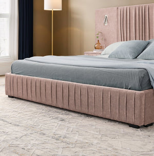 English Elm Queen Upholstered Bed Frame With Chenille Fabric, Pleated Headboard & Built-In Nightstand - Pink W487S00399-GIGA