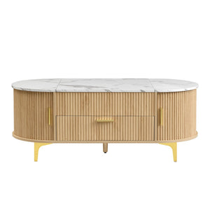 English Elm Modern Mid-century Coffee Table Tambour Doors Open Shelves Warm Wood Living Room Gold,Natural,White N770P333549N