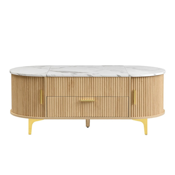 English Elm Modern Mid-century Coffee Table Tambour Doors Open Shelves Warm Wood Living Room Gold,Natural,White N770P333549N