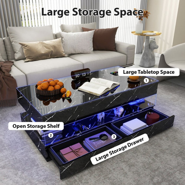 English Elm Coffee Table with Led Lighting Bluetooth Speaker Wireless Charging and Faux Marble Top T3773P415728