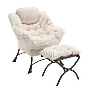 English Elm Lazy Chair Plush Ottoman Lounge Chair with Ergonomic Back, Side Pocket, Steel Frame Comfort White W640P271553